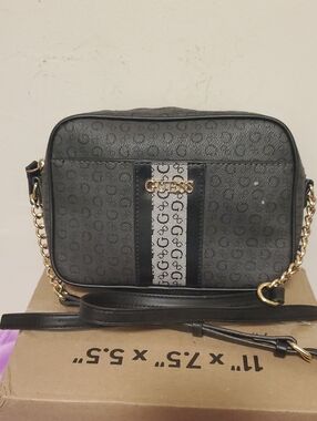 GUESS Black Monogram Crossbody with Gold Chain and Stripe